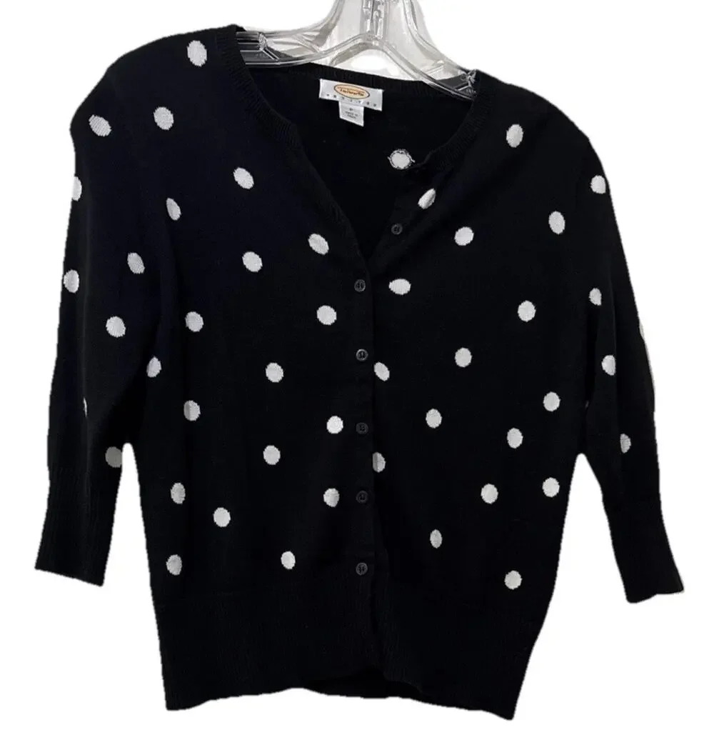 Talbots Petites Polka Dot Button Front Cardigan Size P/XS Black White Career